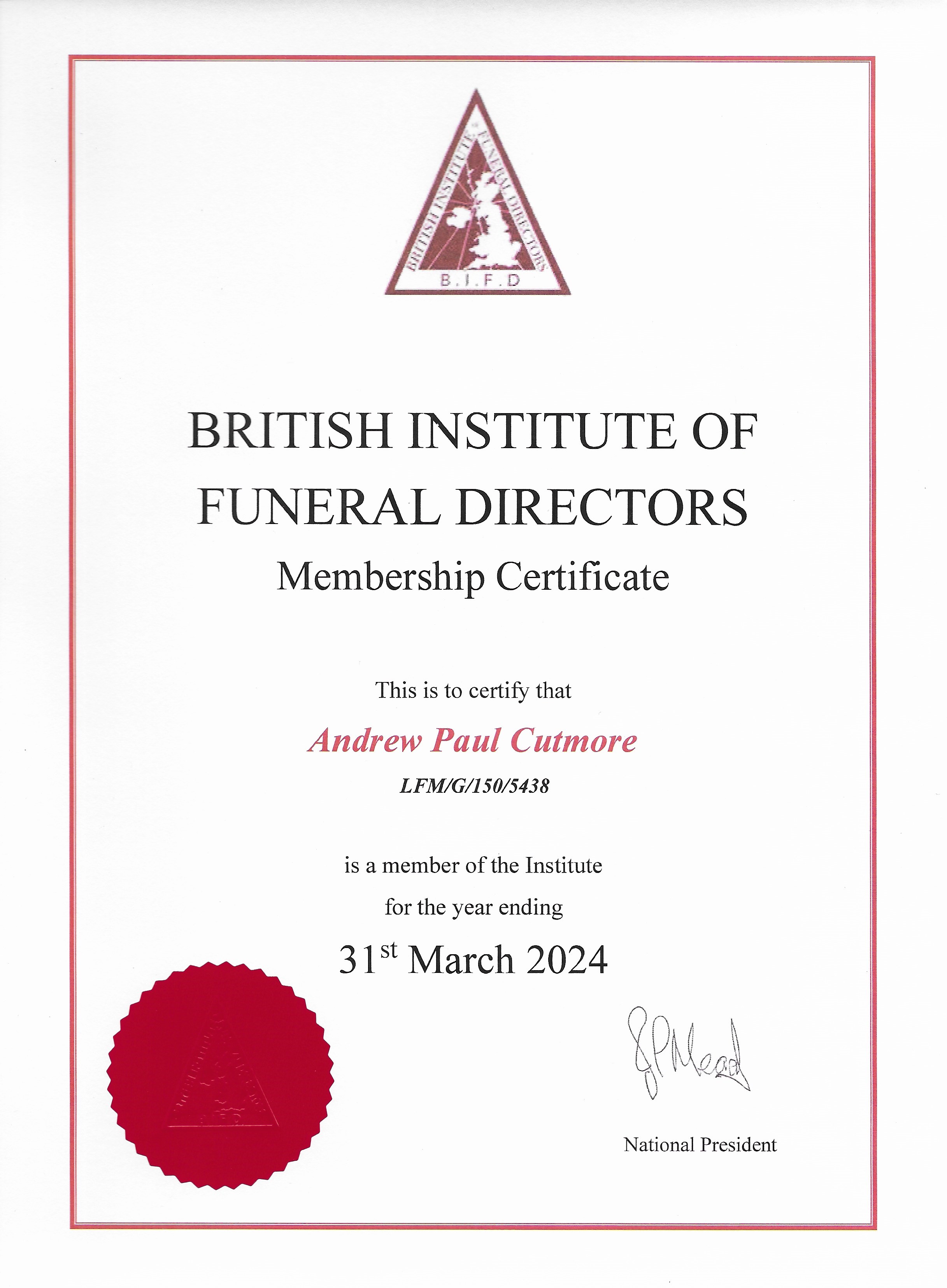 Andrews Membership Certificate for the British Institute of Funeral Directors