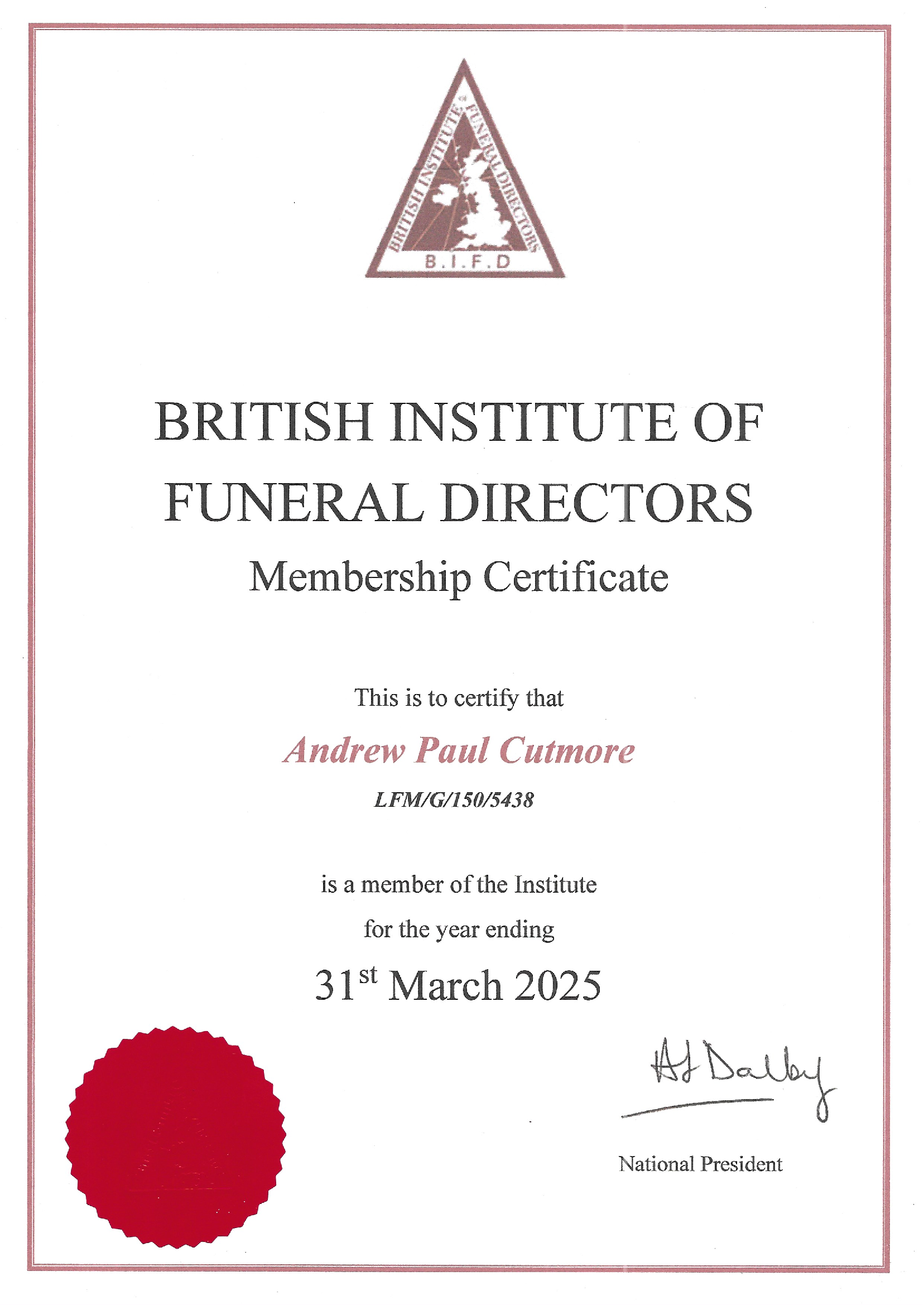 Andrews Membership Certificate for the British Institute of Funeral Directors