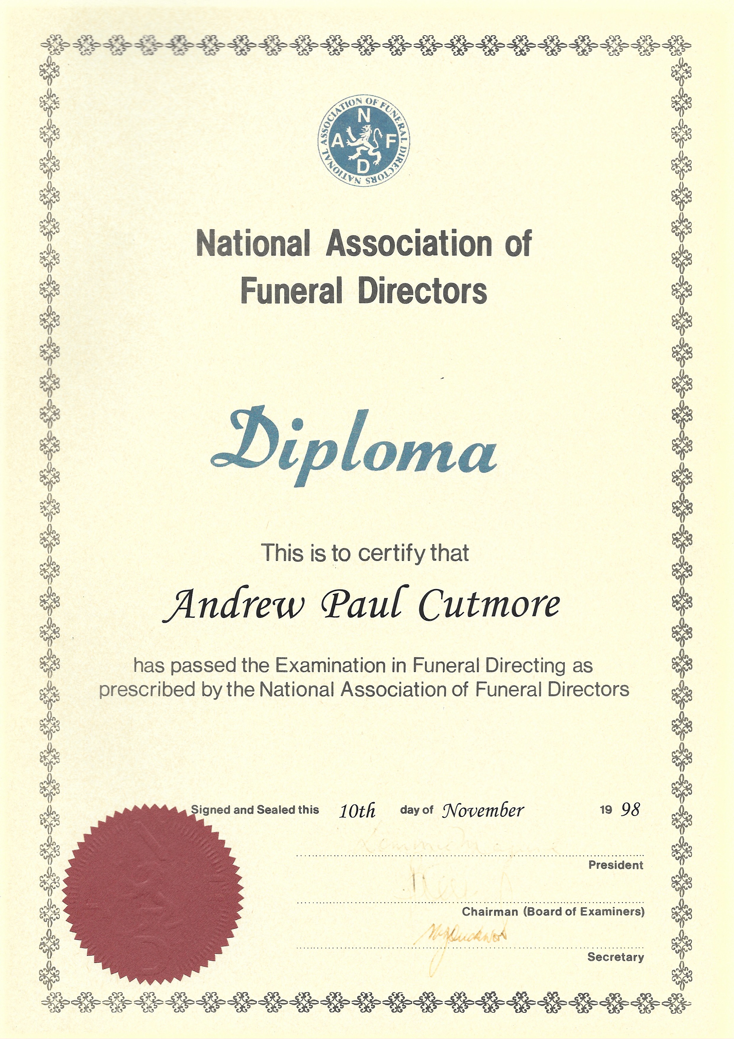 Andrews Diploma for Passing the Examination in Funeral Directing